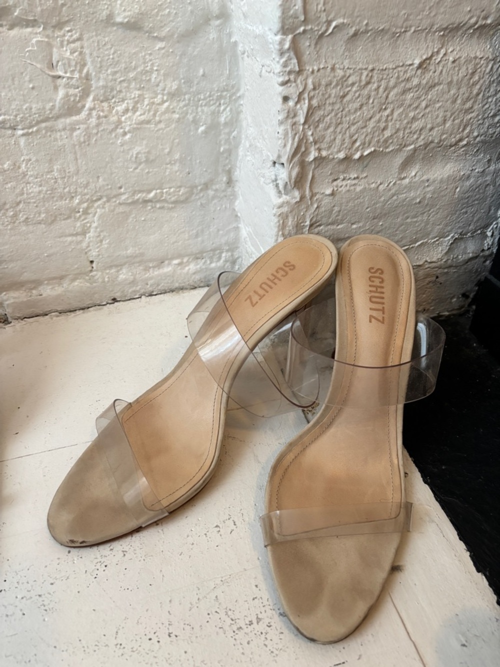SCHUTZ Clear Strap Tan Slide Sandals - Picture 2 of 3